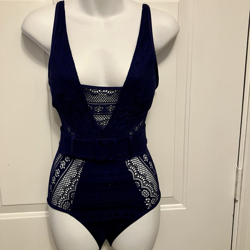 BECCA Small Navy Blue Mesh One-Piece Swimsuit Open Back Adjustable Straps Plunge
